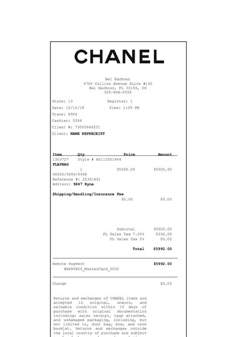 chanel receipt template